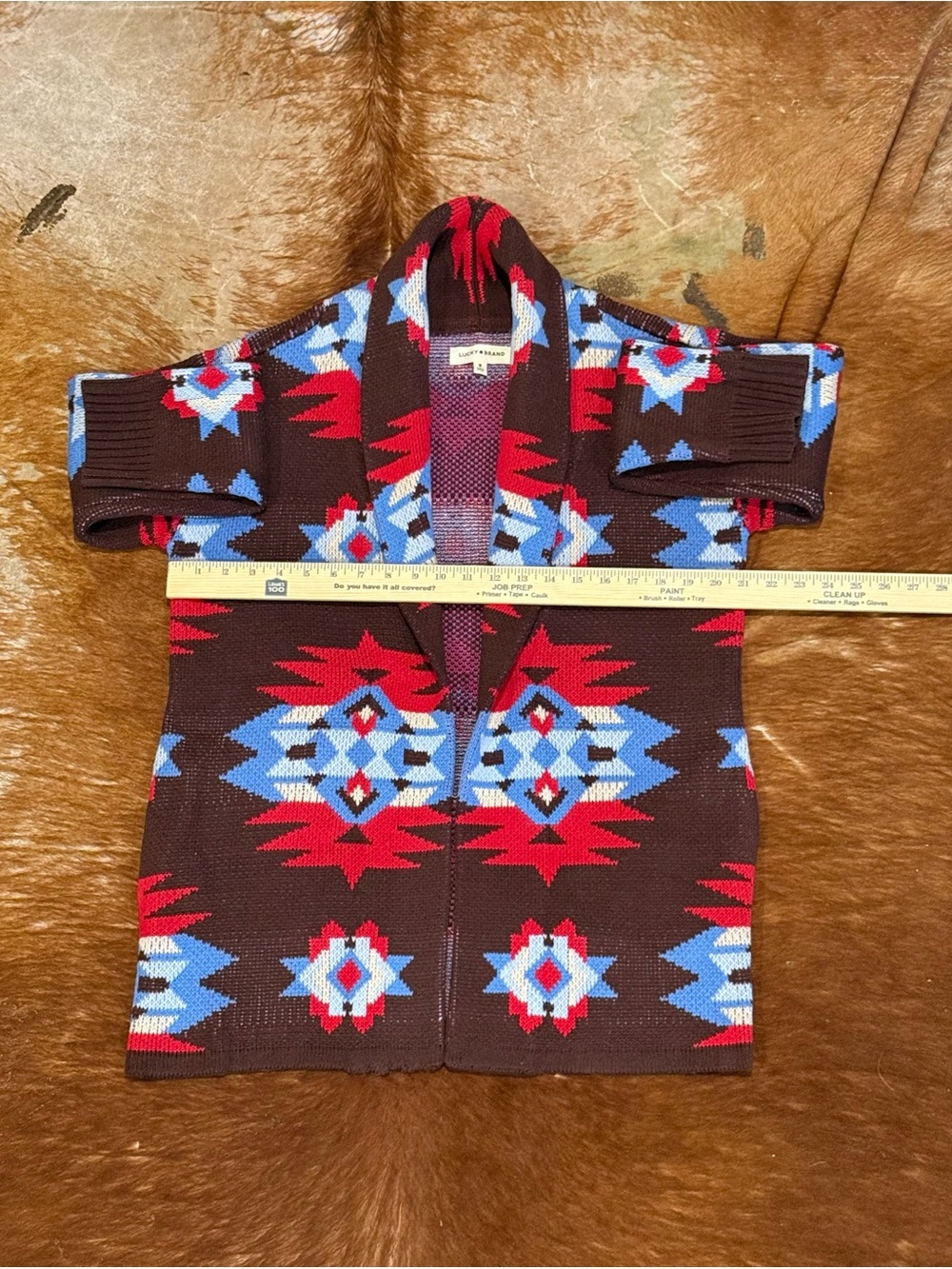 Lucky Brand Aztec Print Shawl Collar Cardigan Brown Red Blue M - Picture 2 of 10